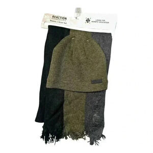 Kenneth Cole Gray/Green Mens Scarf and Beanie Set